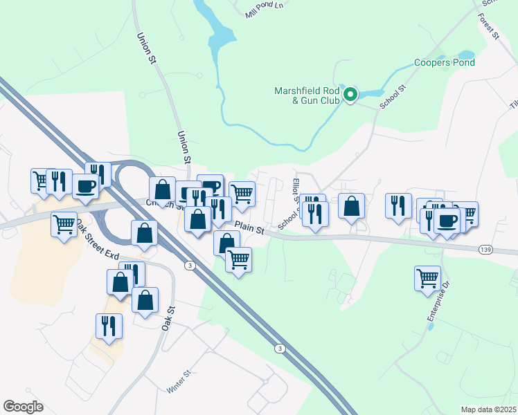 map of restaurants, bars, coffee shops, grocery stores, and more near 4 Royal Dane Drive in Marshfield