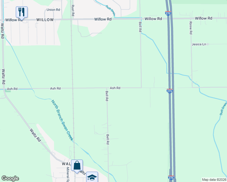 map of restaurants, bars, coffee shops, grocery stores, and more near 35771 Ash Road in Wayne County