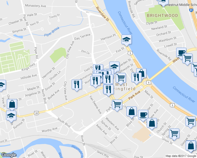 map of restaurants, bars, coffee shops, grocery stores, and more near 243 Elm Street in West Springfield
