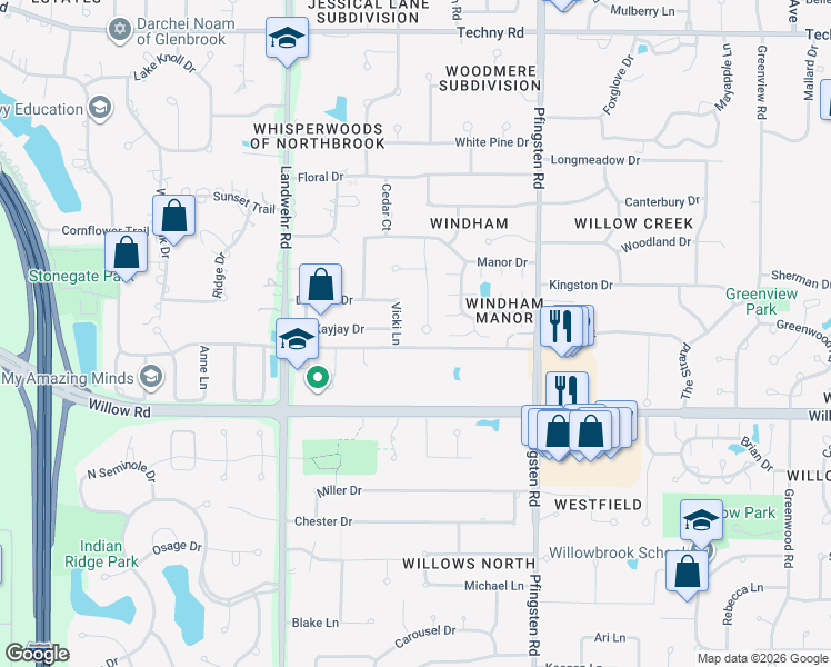 map of restaurants, bars, coffee shops, grocery stores, and more near 2454 Hampton Ln in Northbrook