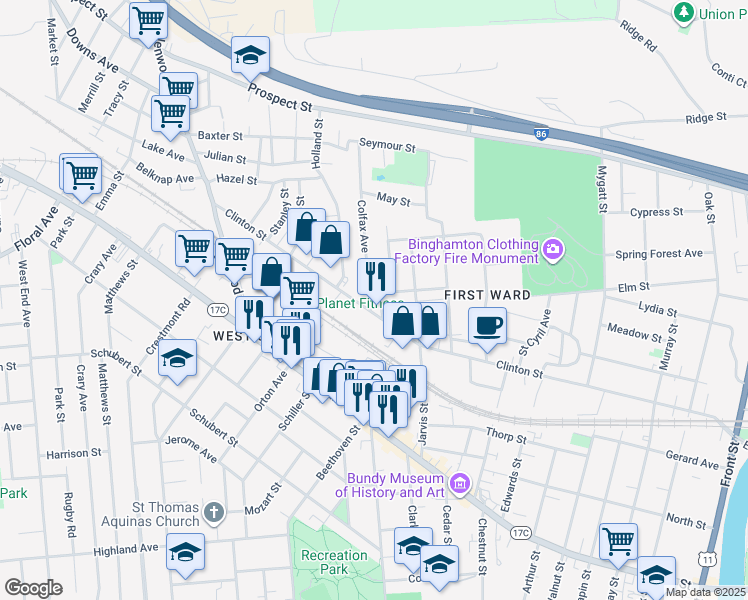 map of restaurants, bars, coffee shops, grocery stores, and more near 2 Colfax Avenue in Binghamton