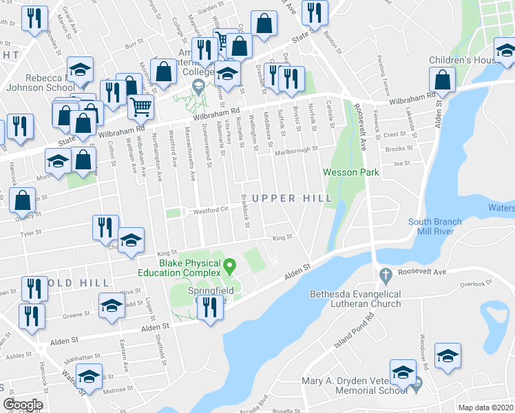 map of restaurants, bars, coffee shops, grocery stores, and more near 129 Westford Circle in Springfield