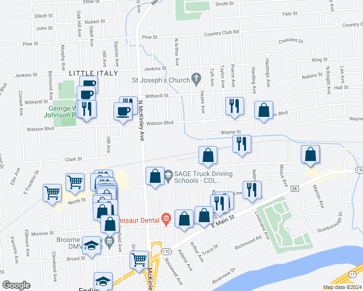 map of restaurants, bars, coffee shops, grocery stores, and more near Clark St & N Arthur Ave in Endicott
