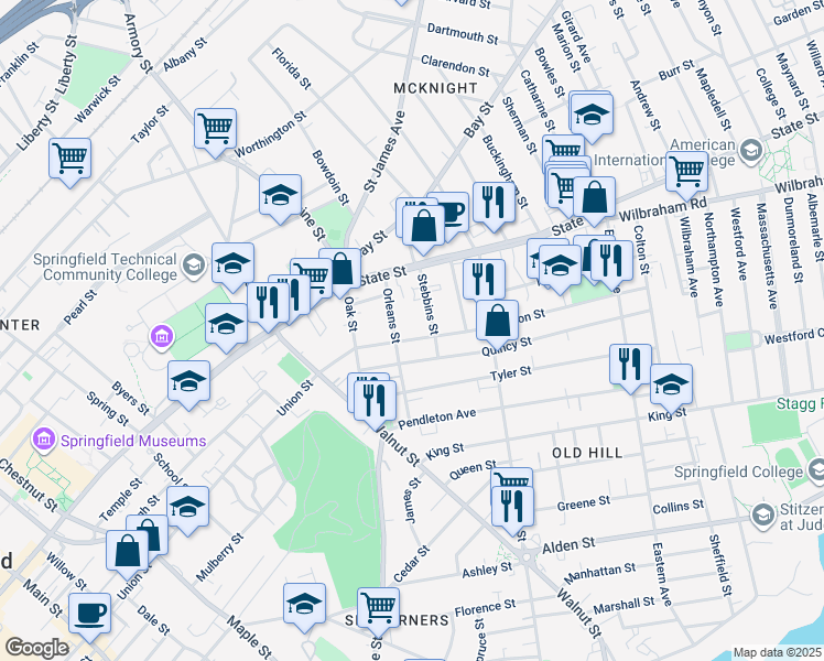 map of restaurants, bars, coffee shops, grocery stores, and more near 540-542 Union Street in Springfield