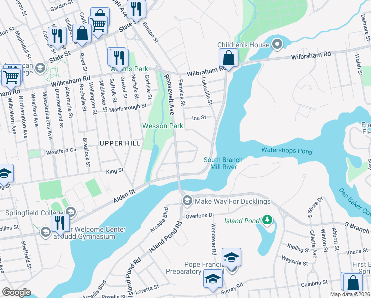 map of restaurants, bars, coffee shops, grocery stores, and more near 20 Strathmore Street in Springfield