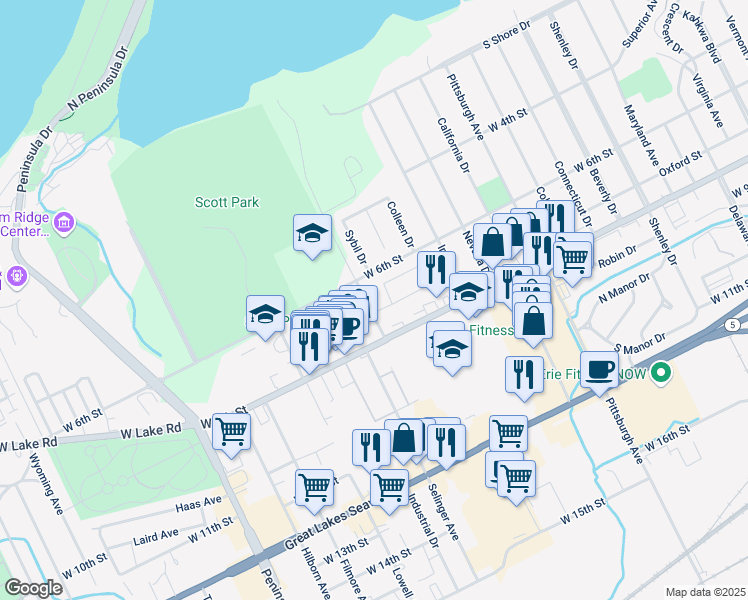 map of restaurants, bars, coffee shops, grocery stores, and more near 623 Sommerheim Drive in Erie