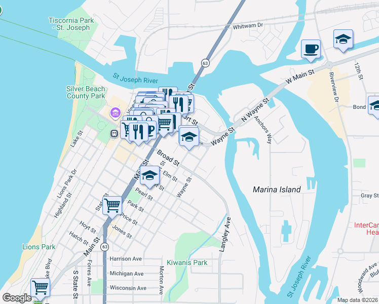 map of restaurants, bars, coffee shops, grocery stores, and more near 915 Pleasant Street in St. Joseph