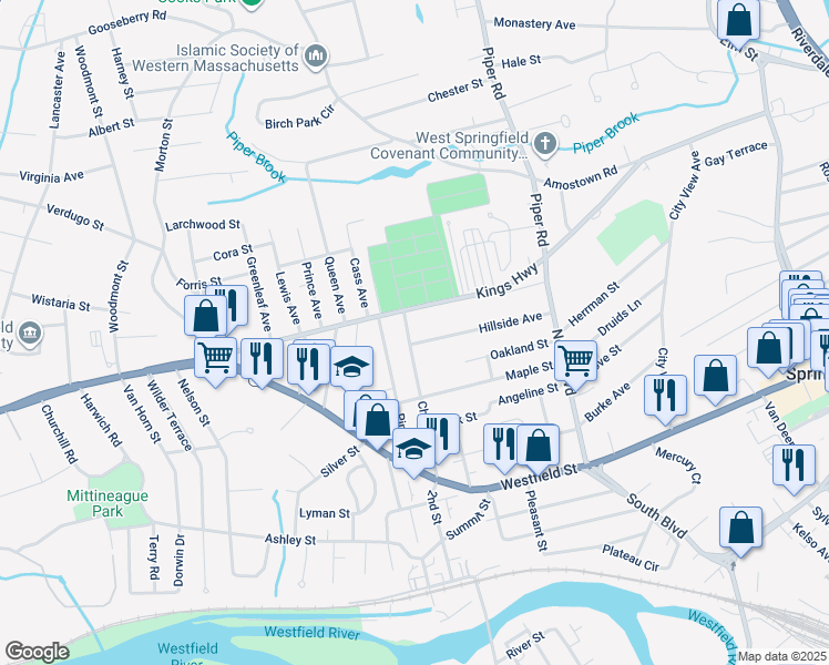 map of restaurants, bars, coffee shops, grocery stores, and more near 156 Chestnut Street in West Springfield