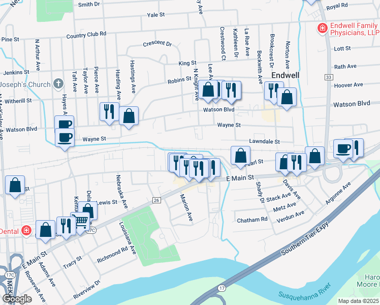 map of restaurants, bars, coffee shops, grocery stores, and more near 1 S Willis Ave in Endicott