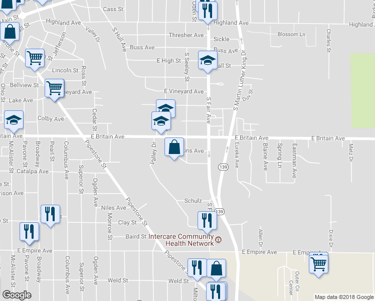 map of restaurants, bars, coffee shops, grocery stores, and more near 821 Pitkins Avenue in Benton Harbor