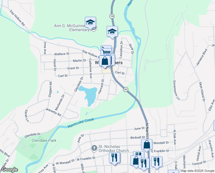 map of restaurants, bars, coffee shops, grocery stores, and more near 926 Harvard Street in Endicott