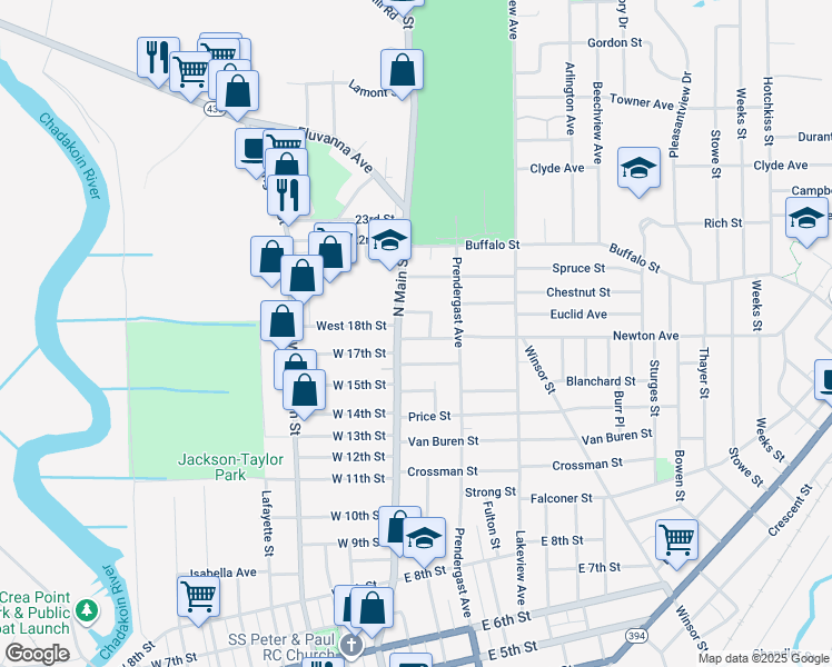 map of restaurants, bars, coffee shops, grocery stores, and more near 11 Kingsbury Street in Jamestown