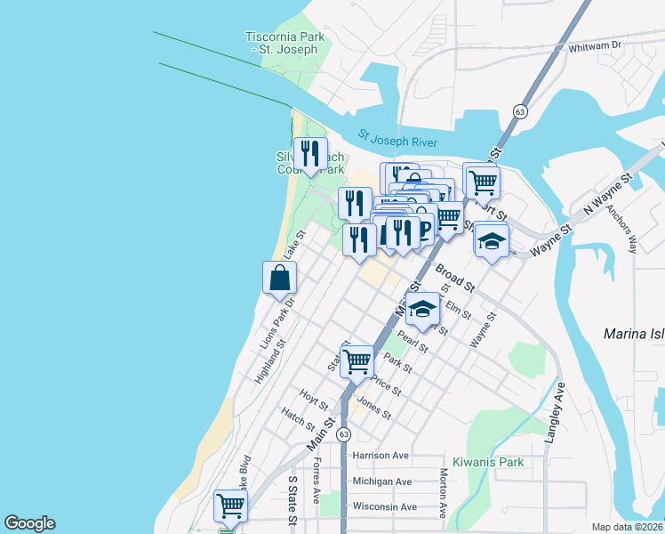 map of restaurants, bars, coffee shops, grocery stores, and more near 600 Vine Street in St. Joseph