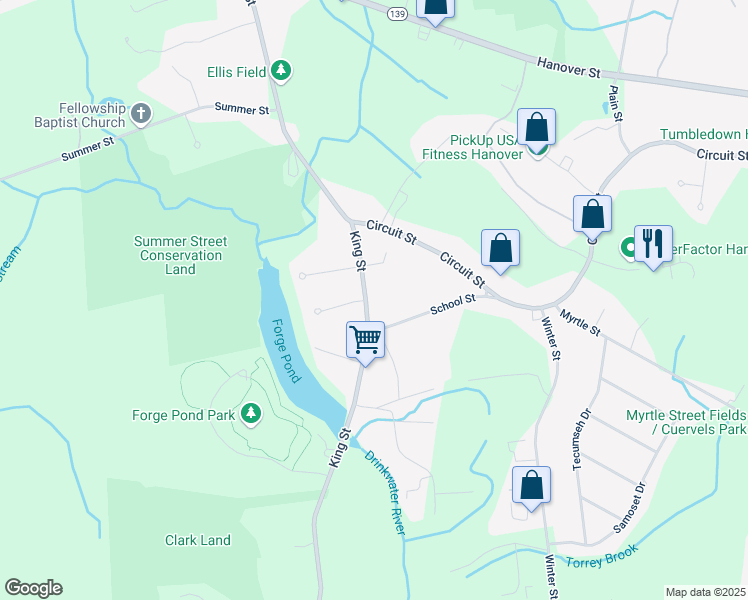map of restaurants, bars, coffee shops, grocery stores, and more near 84 King Street in Hanover