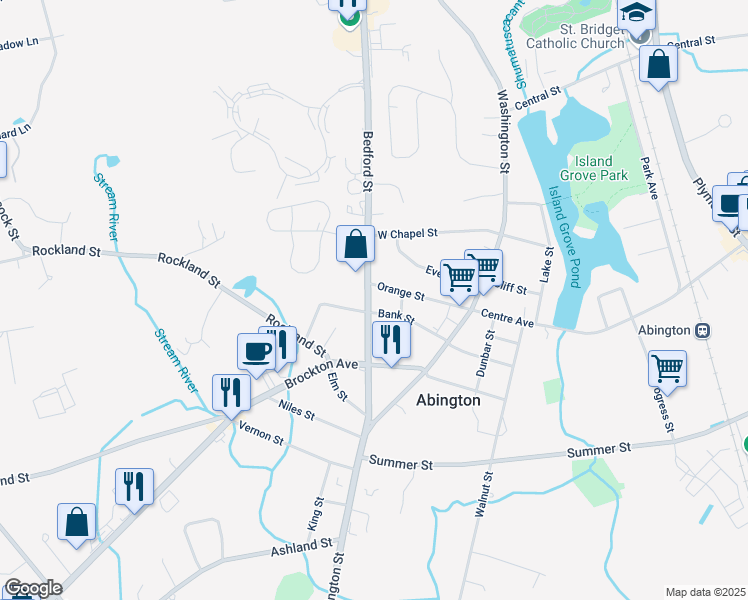 map of restaurants, bars, coffee shops, grocery stores, and more near 135 Bedford Street in Abington