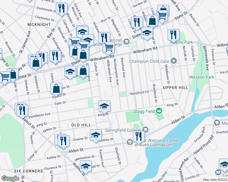 map of restaurants, bars, coffee shops, grocery stores, and more near 24 Gunn Square in Springfield