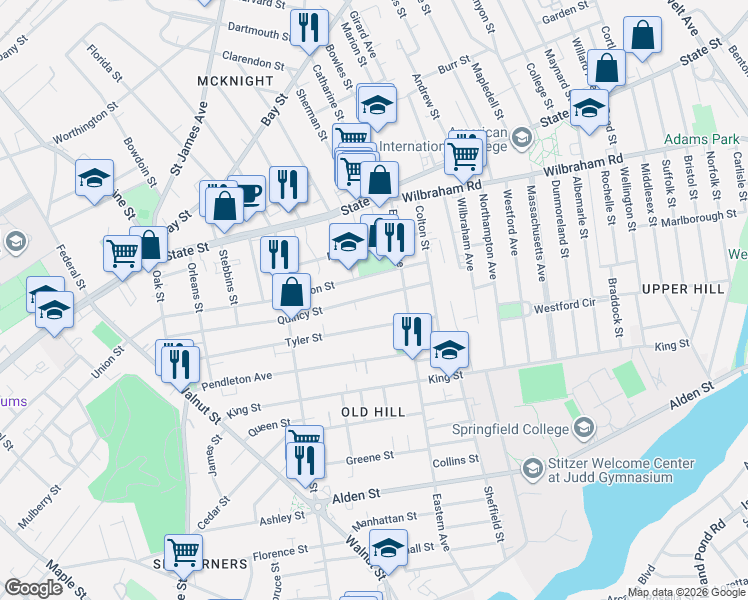 map of restaurants, bars, coffee shops, grocery stores, and more near 226 Quincy Street in Springfield