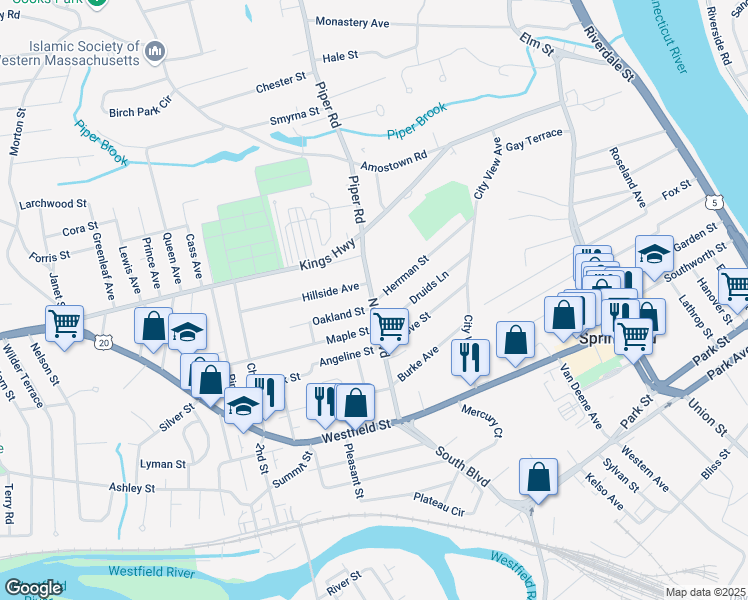 map of restaurants, bars, coffee shops, grocery stores, and more near 136 North Boulevard in West Springfield