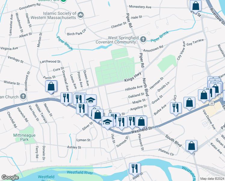 map of restaurants, bars, coffee shops, grocery stores, and more near 156 Chestnut Street in West Springfield