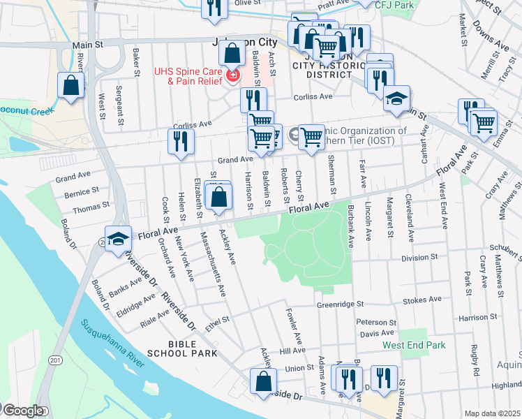 map of restaurants, bars, coffee shops, grocery stores, and more near 231 Floral Avenue in Johnson City