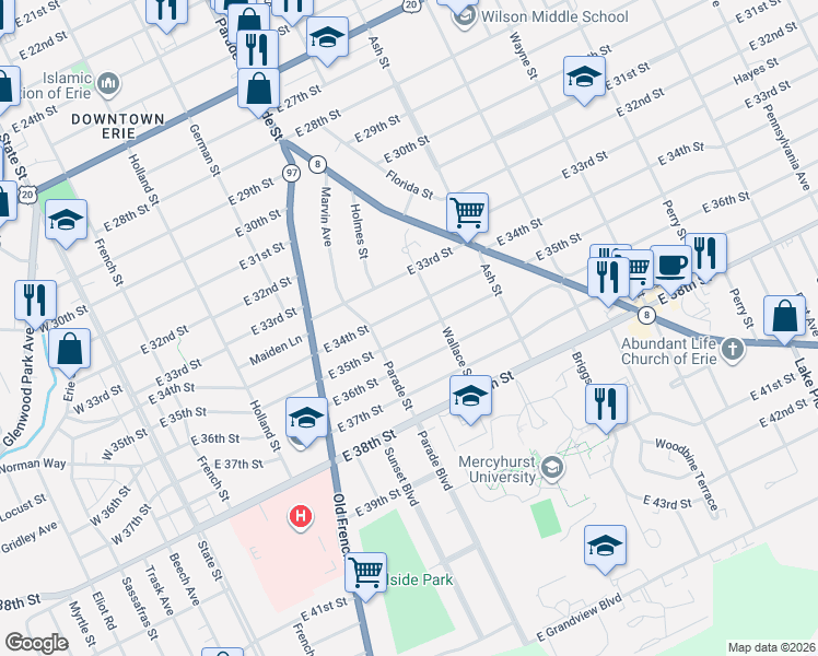 map of restaurants, bars, coffee shops, grocery stores, and more near 417 East 34th Street in Erie