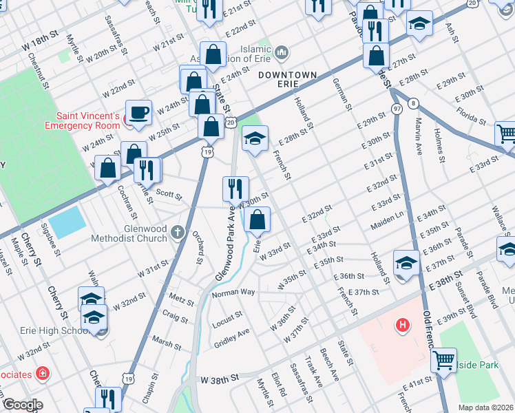 map of restaurants, bars, coffee shops, grocery stores, and more near 3018 State Street in Erie