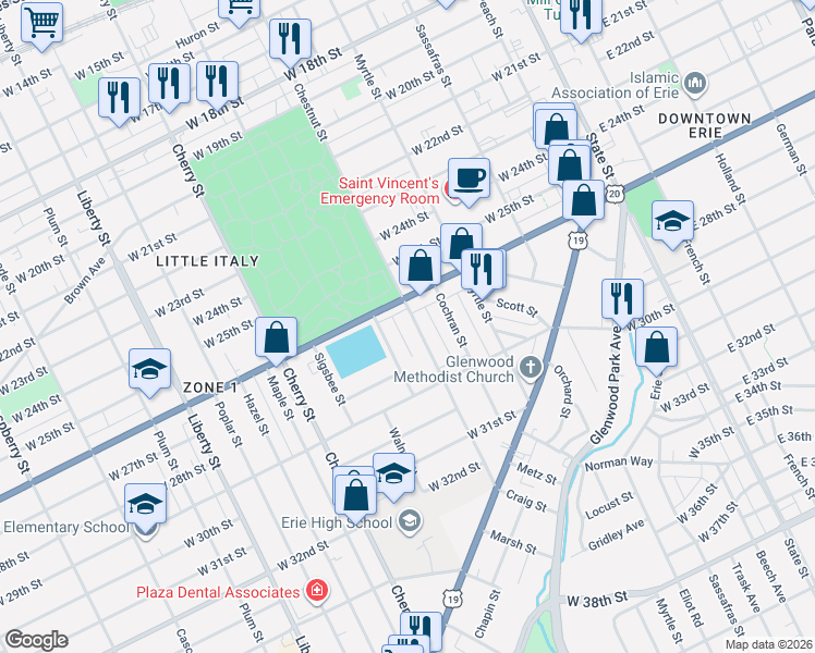 map of restaurants, bars, coffee shops, grocery stores, and more near 2622 Chestnut Street in Erie