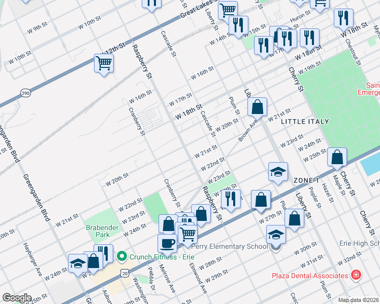 map of restaurants, bars, coffee shops, grocery stores, and more near 2008 Raspberry Street in Erie