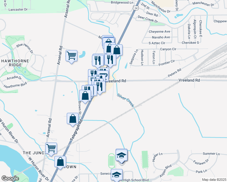 map of restaurants, bars, coffee shops, grocery stores, and more near 27055 Riverside Street in Flat Rock