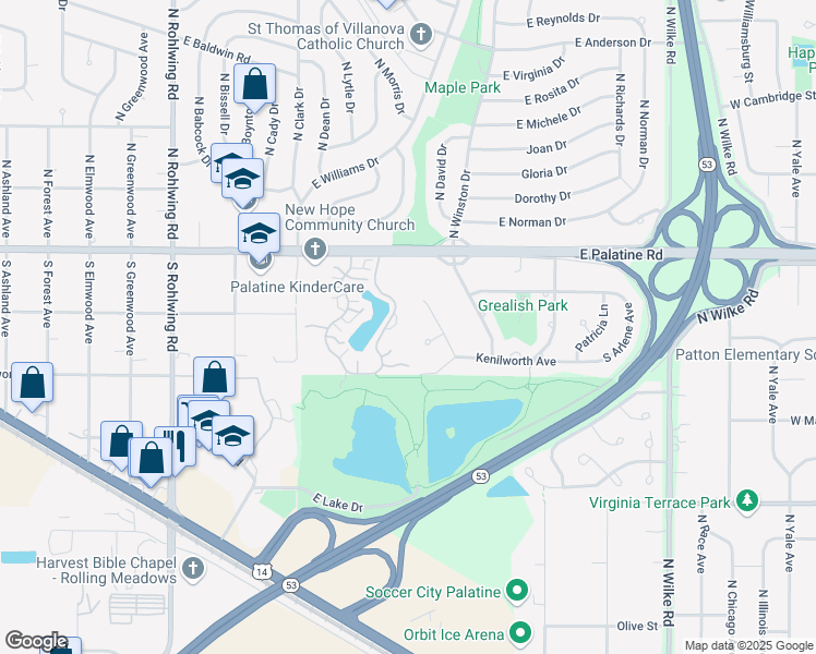 map of restaurants, bars, coffee shops, grocery stores, and more near 111 South Baybrook Drive in Palatine