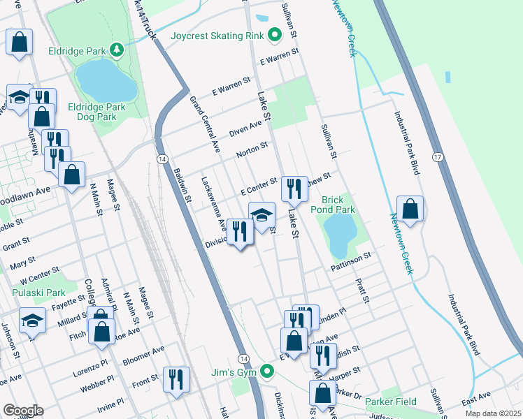 map of restaurants, bars, coffee shops, grocery stores, and more near 1207 Hall St in Elmira