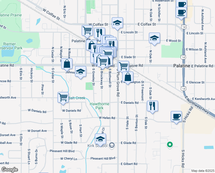 map of restaurants, bars, coffee shops, grocery stores, and more near 118 South Bothwell Street in Palatine