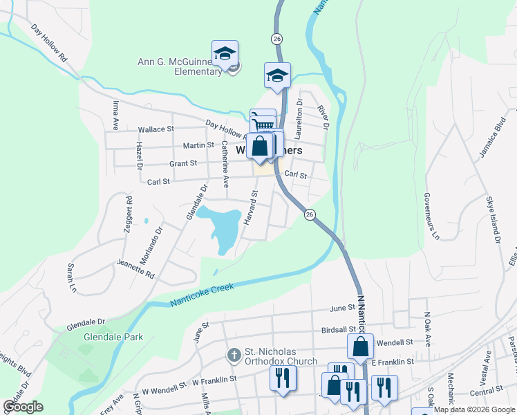 map of restaurants, bars, coffee shops, grocery stores, and more near 926 Harvard St in Endicott