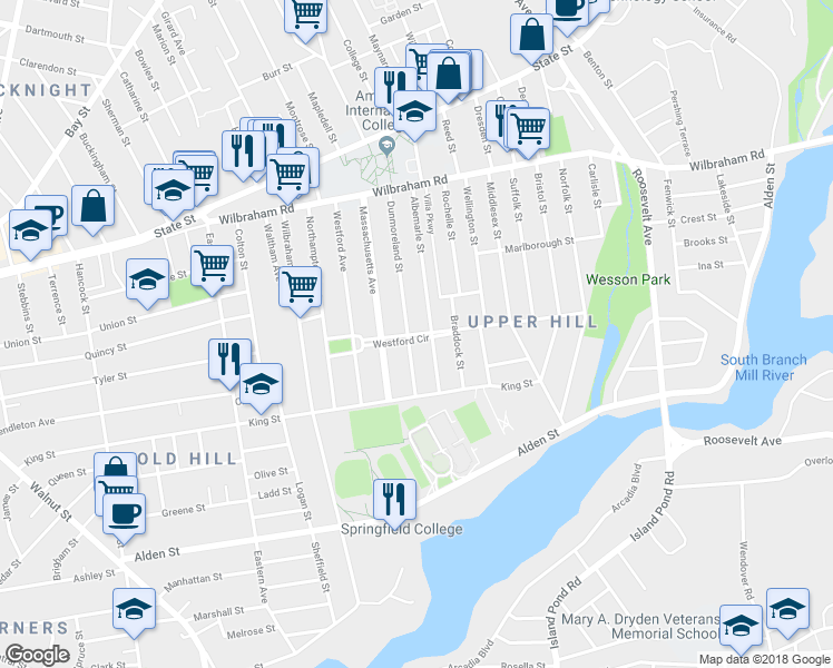 map of restaurants, bars, coffee shops, grocery stores, and more near 68 Westford Circle in Springfield