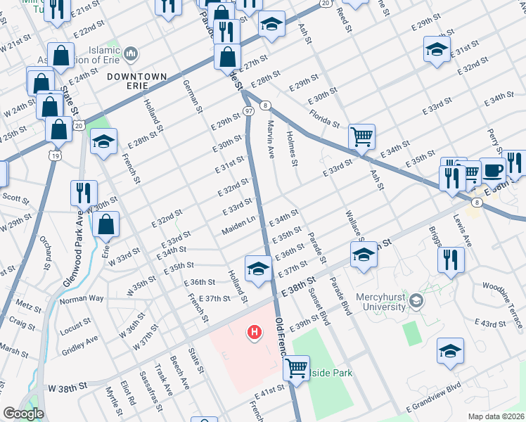 map of restaurants, bars, coffee shops, grocery stores, and more near 313 E 33rd St in Erie