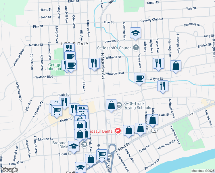 map of restaurants, bars, coffee shops, grocery stores, and more near 1701 North Street in Endicott