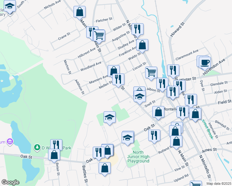 map of restaurants, bars, coffee shops, grocery stores, and more near 29 Overlook Avenue in Brockton