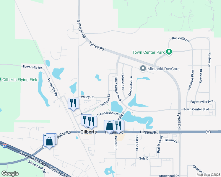 map of restaurants, bars, coffee shops, grocery stores, and more near 233 Jackson Street in Gilberts