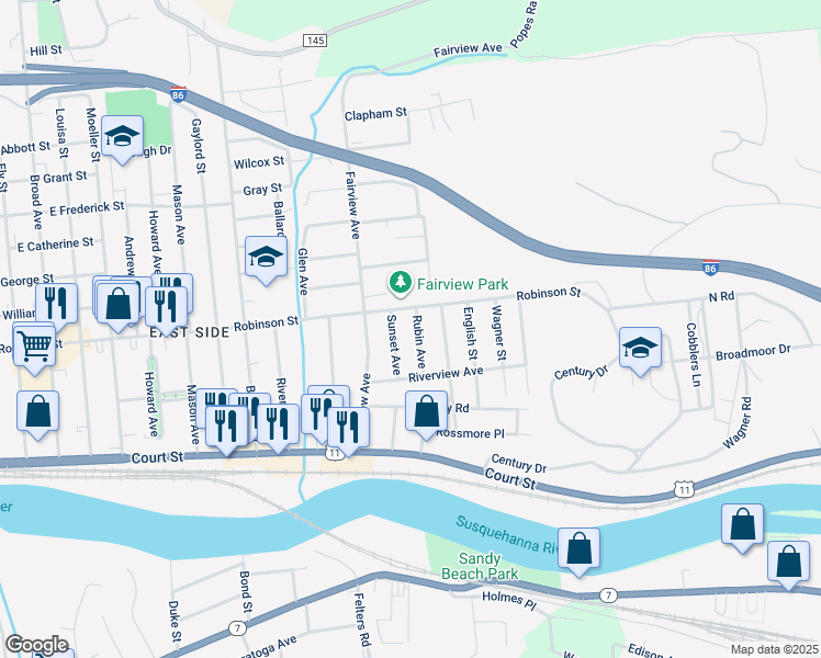 map of restaurants, bars, coffee shops, grocery stores, and more near 15 Rubin Avenue in Binghamton