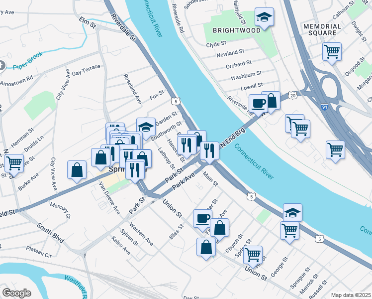 map of restaurants, bars, coffee shops, grocery stores, and more near 30 Elmdale Street in West Springfield