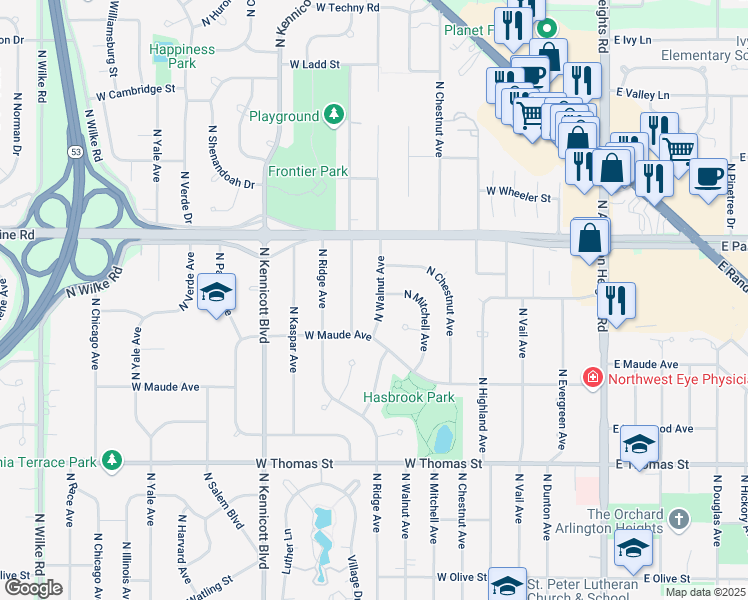 map of restaurants, bars, coffee shops, grocery stores, and more near 1752 North Walnut Avenue in Arlington Heights