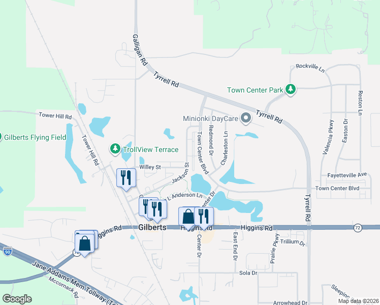 map of restaurants, bars, coffee shops, grocery stores, and more near 233 Jackson Street in Gilberts