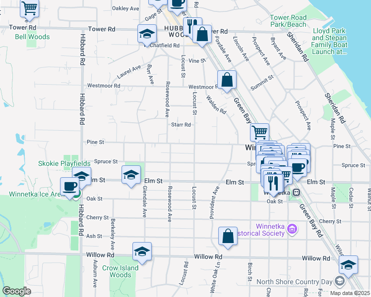 map of restaurants, bars, coffee shops, grocery stores, and more near 1020 Pine Street in Winnetka