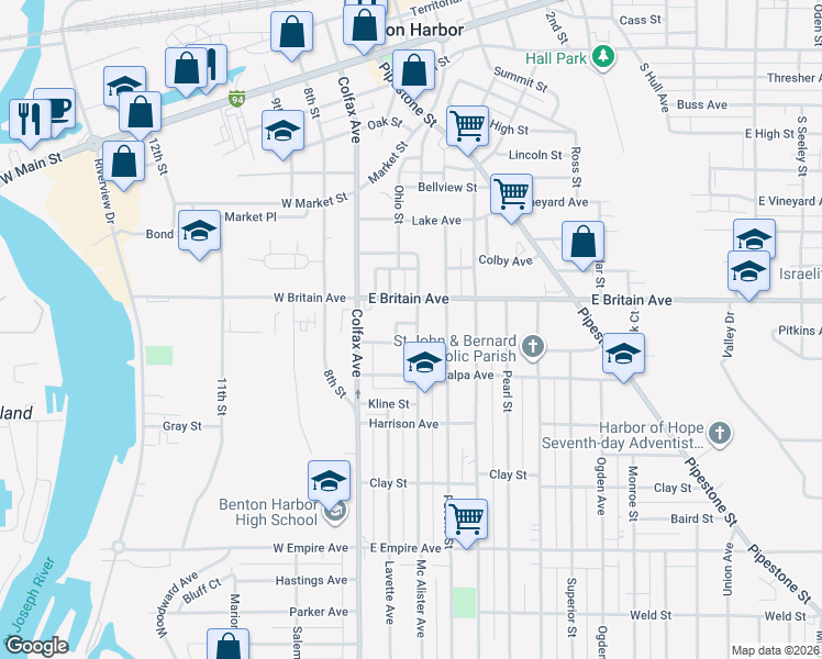 map of restaurants, bars, coffee shops, grocery stores, and more near 548 McAlister Street in Benton Harbor