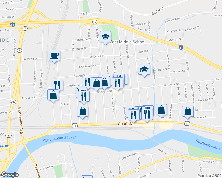 map of restaurants, bars, coffee shops, grocery stores, and more near 201 Robinson Street in Binghamton