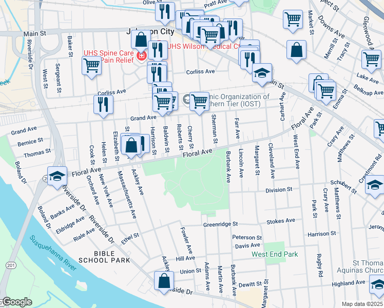 map of restaurants, bars, coffee shops, grocery stores, and more near Floral Avenue in Johnson City