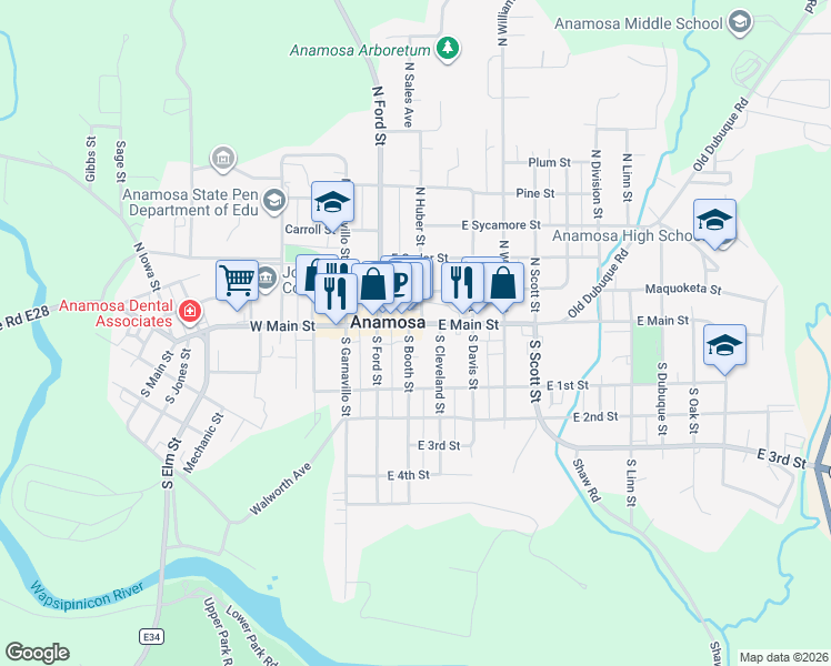 map of restaurants, bars, coffee shops, grocery stores, and more near 203 East Main Street in Anamosa
