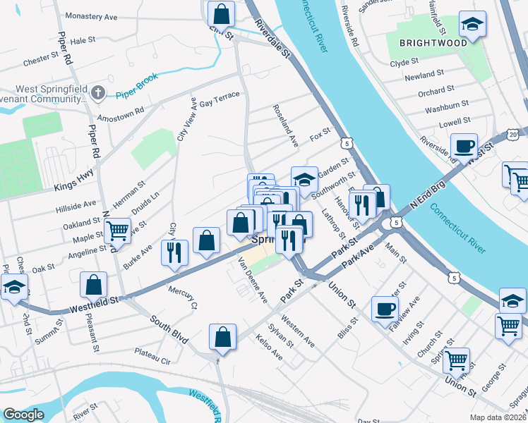 map of restaurants, bars, coffee shops, grocery stores, and more near 243 Elm Street in West Springfield