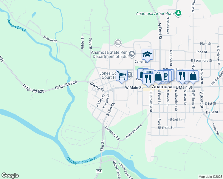 map of restaurants, bars, coffee shops, grocery stores, and more near 708 West Main Street in Anamosa