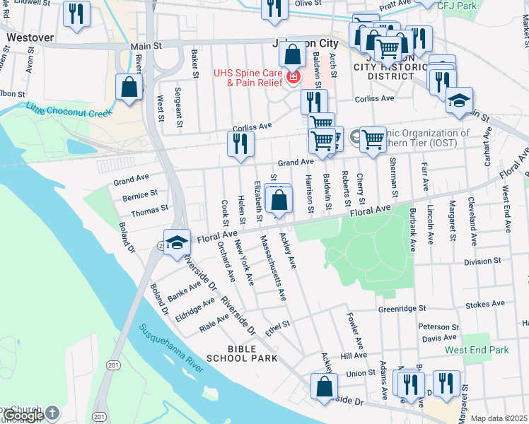 map of restaurants, bars, coffee shops, grocery stores, and more near 69 Elizabeth St in Johnson City